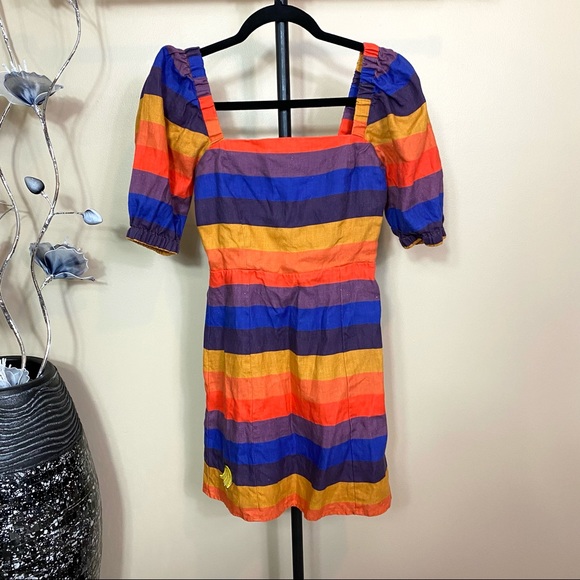 Farm Rio Rainbow Puff Sleeve Linen Mini Dress - Picture 3 of 10